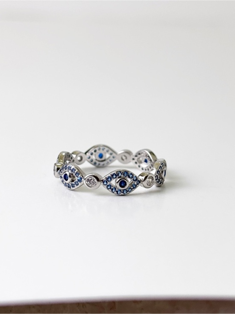 Sterling Silver Blue Evil Eye Band Ring with Cubic Zirconia
